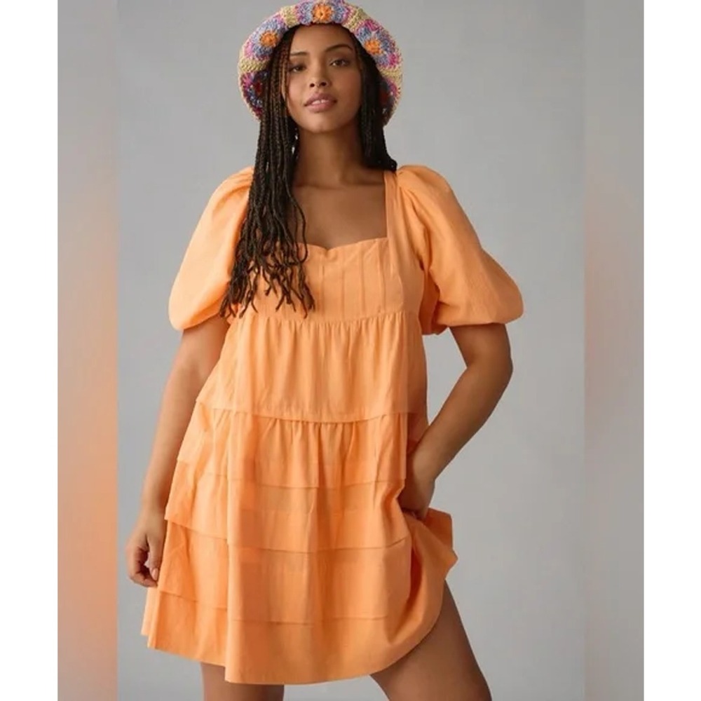 By Anthropologie Square Neck Puff Sleeve Tiered Lined Mini Dress‎ Orange Women S